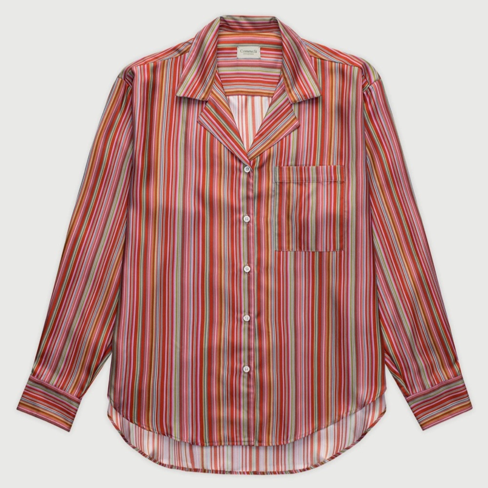 Women's Striped Satin Pajama Shirt - Pink & Red